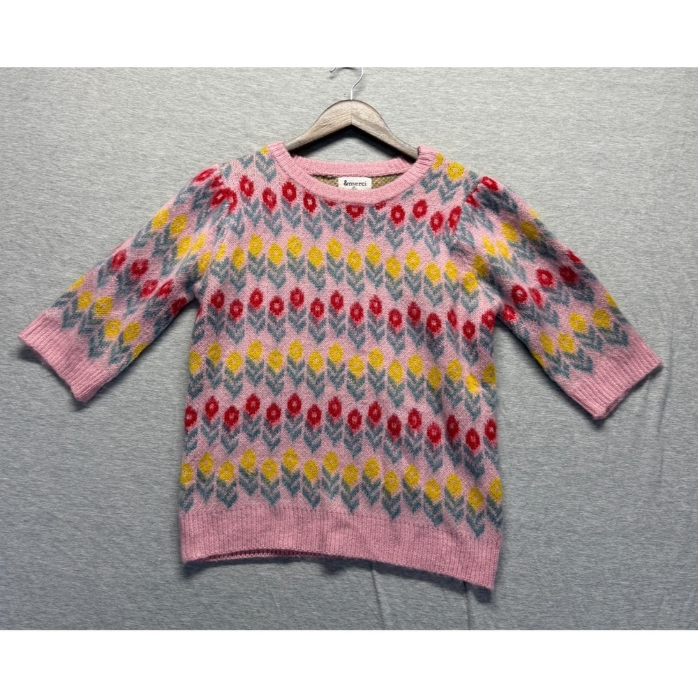 &merci Sweater Womens M Pink Tulip Floral Print Acrylic Tight Knit 3/4 Sleeve